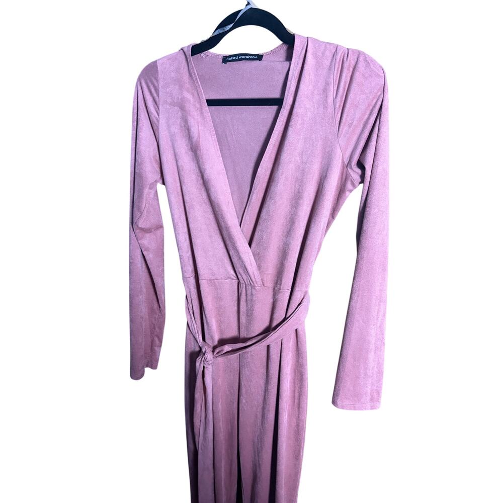 Naked Wardrobe Faux Suede Wrap Jumpsuit Mauve Dusty Rose Tie Waist Long Sleeve L